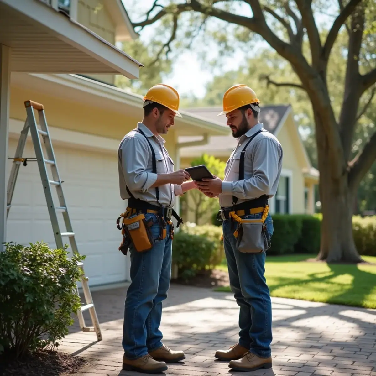 Roofers reviewing roof inspection photos on a tablet in the driveway of a Winter Park, FL home