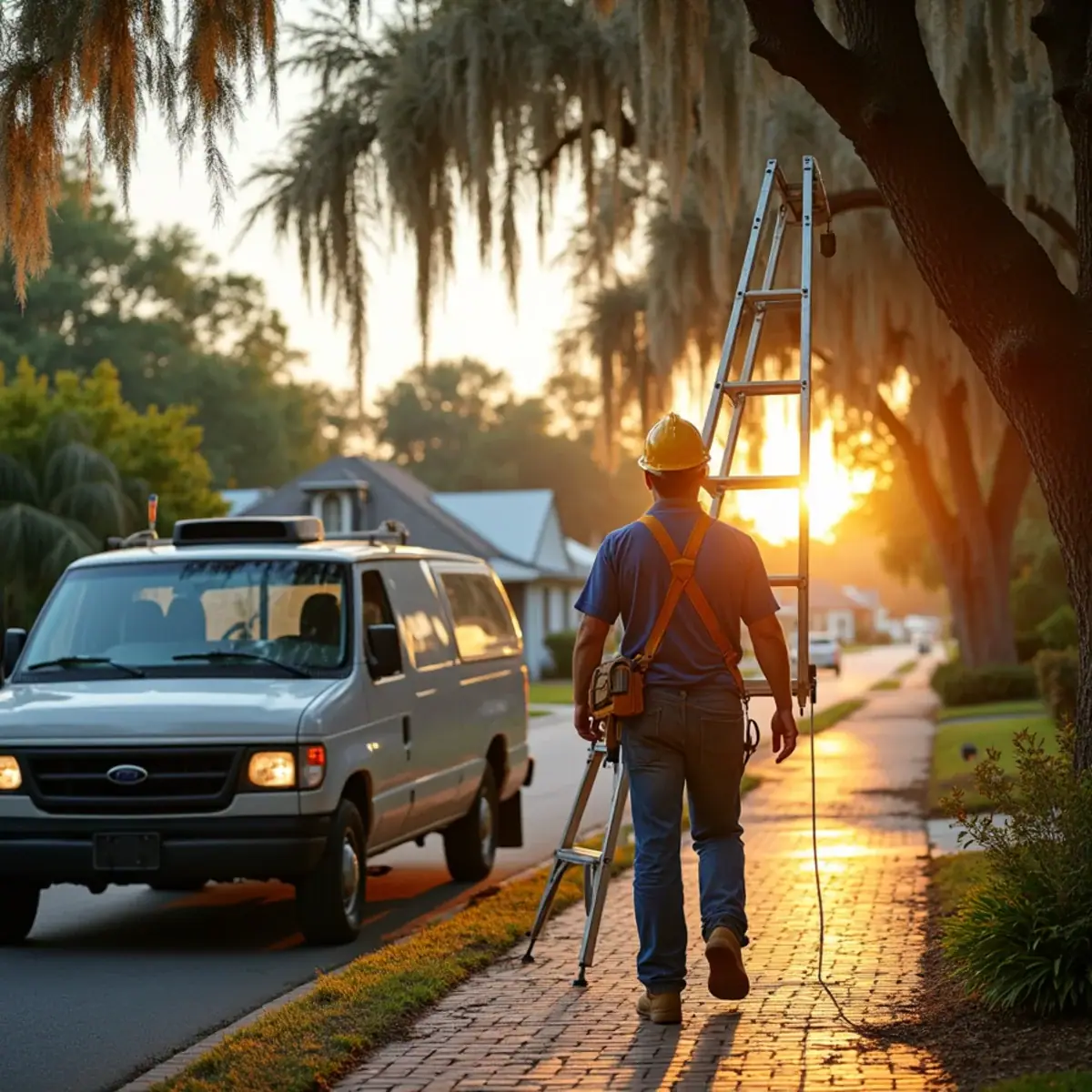 Licensed roofer carrying a ladder along a brick sidewalk at sunrise in Winter Park, FL