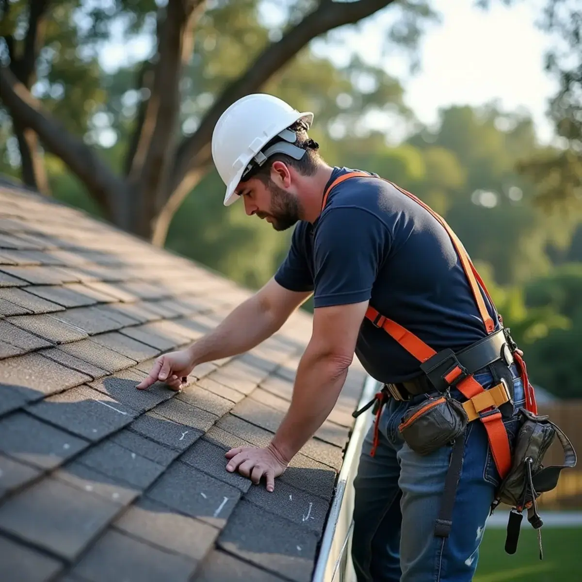 Roofer checking a damaged section of an asphalt shingle roof in Winter Springs, FL