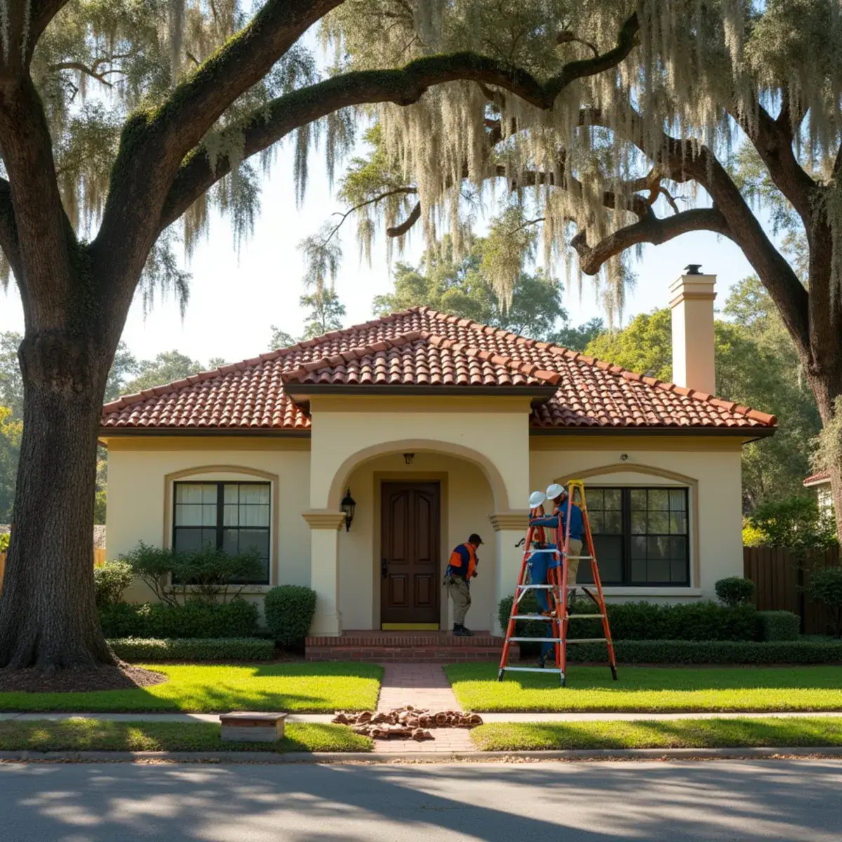 Roofers at a 1920s Mediterranean Revival home with a clay barrel tile roof on a brick street in Winter Park, FL