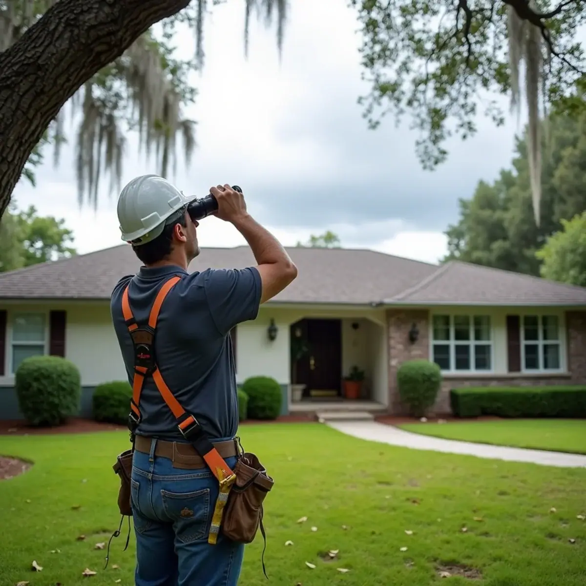 Checking a shingle roof from the yard with binoculars before hurricane season in Goldenrod, FL