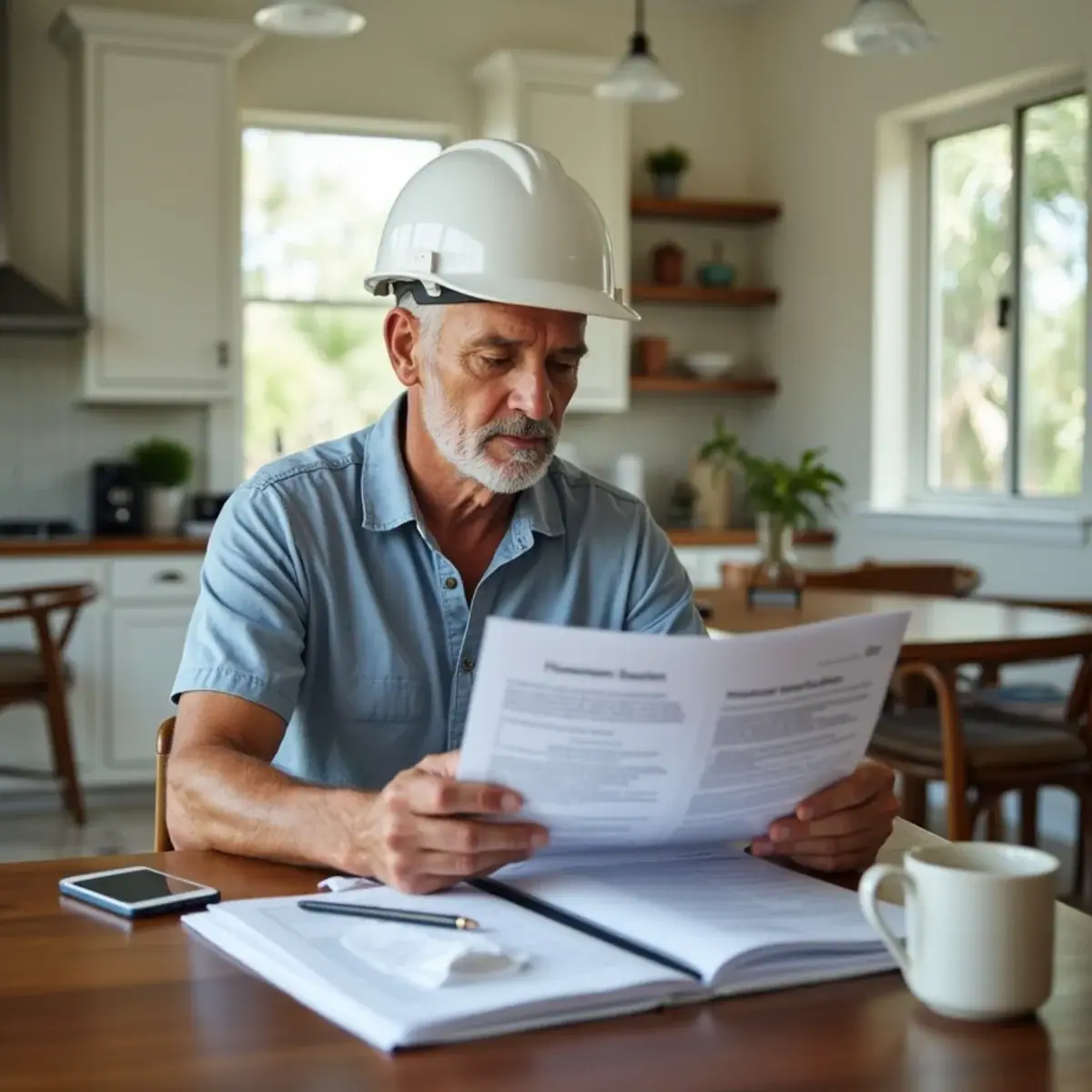 Reviewing homeowners insurance paperwork after a roof leak in a Central Florida home