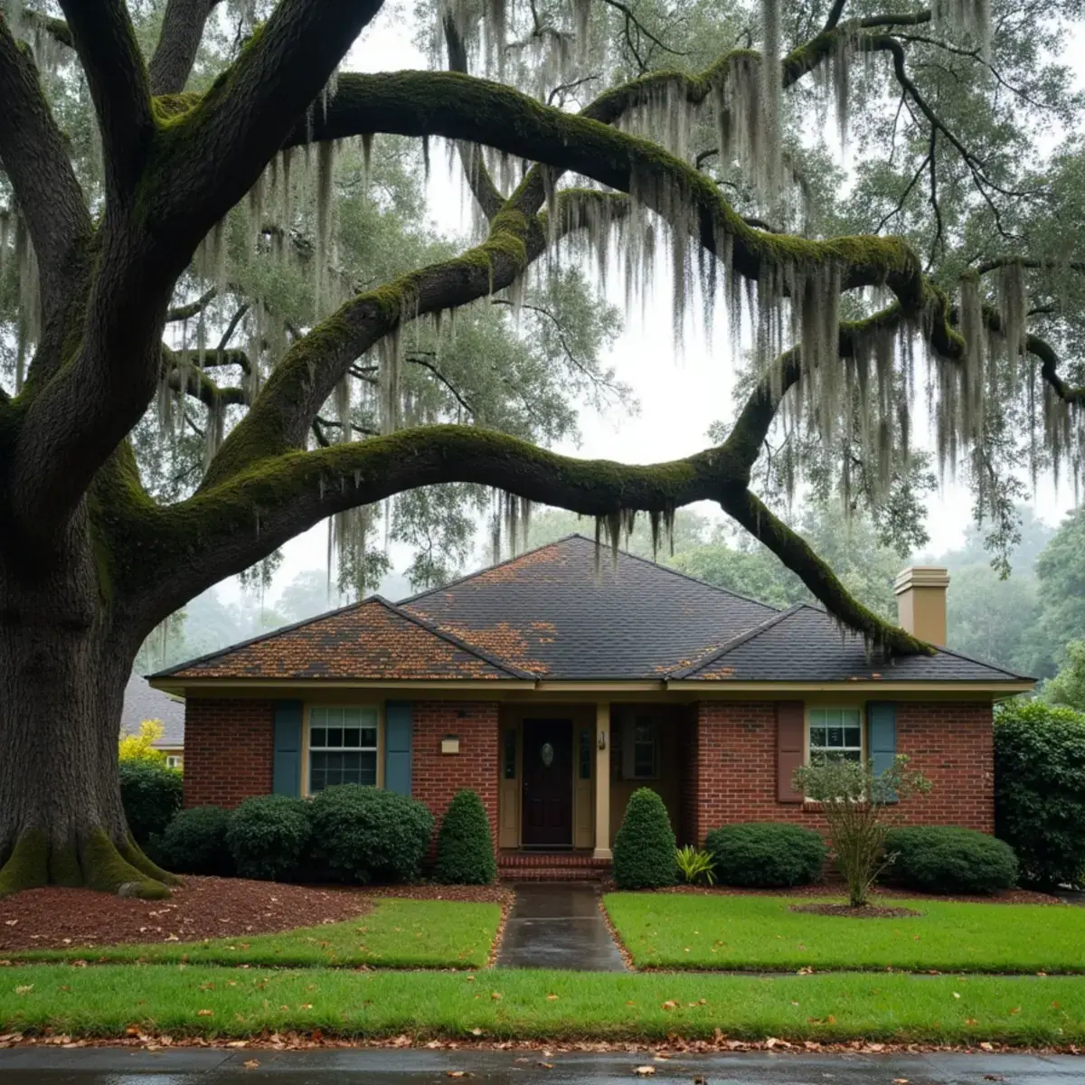 Large live oak limb hanging over the shingle roof of a brick home in Winter Park, FL