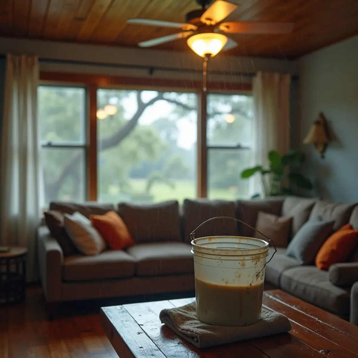 Bucket set out to catch a roof leak in a Winter Park living room during a storm
