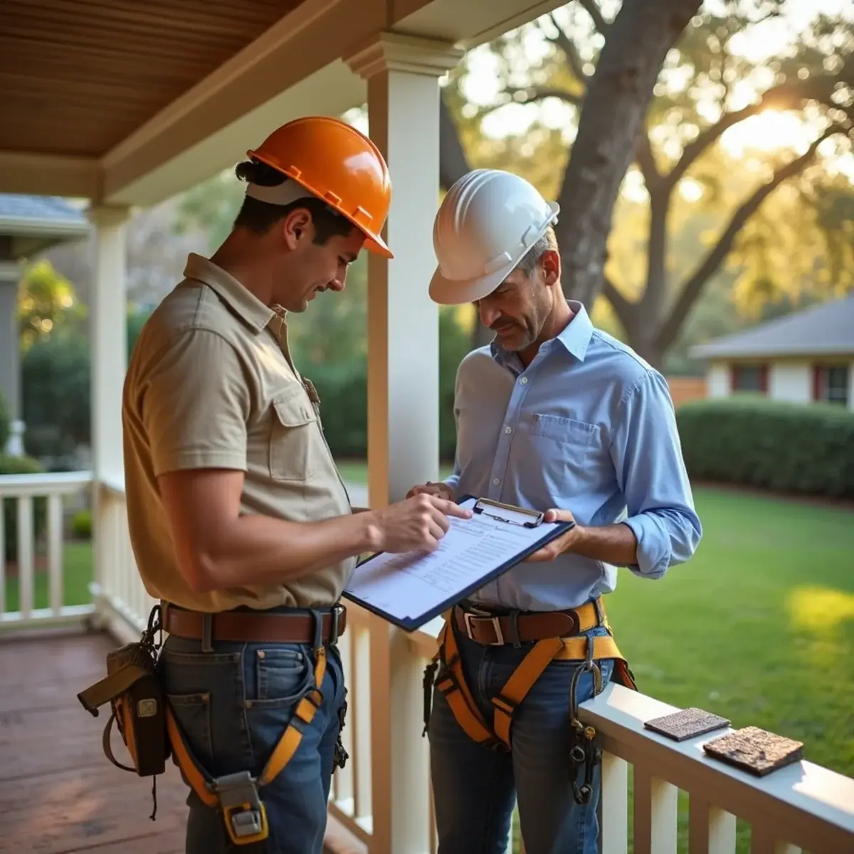 Roofers going over a written roof repair price on the front porch of a Winter Park, FL home