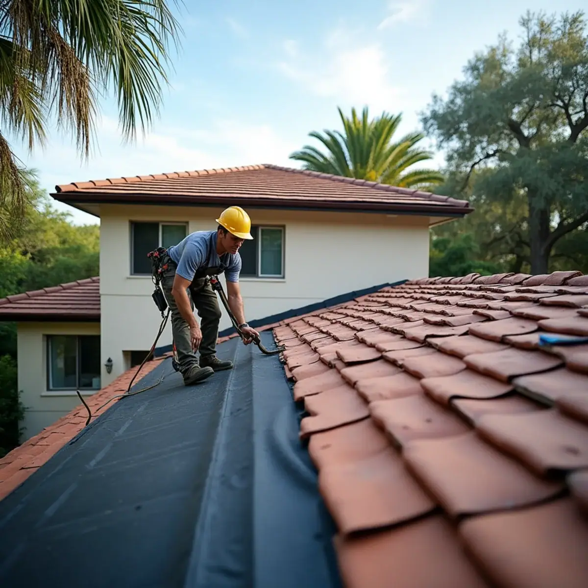 Concrete tiles stacked on a partly stripped roof showing new underlayment on a two-story home in Oviedo, FL