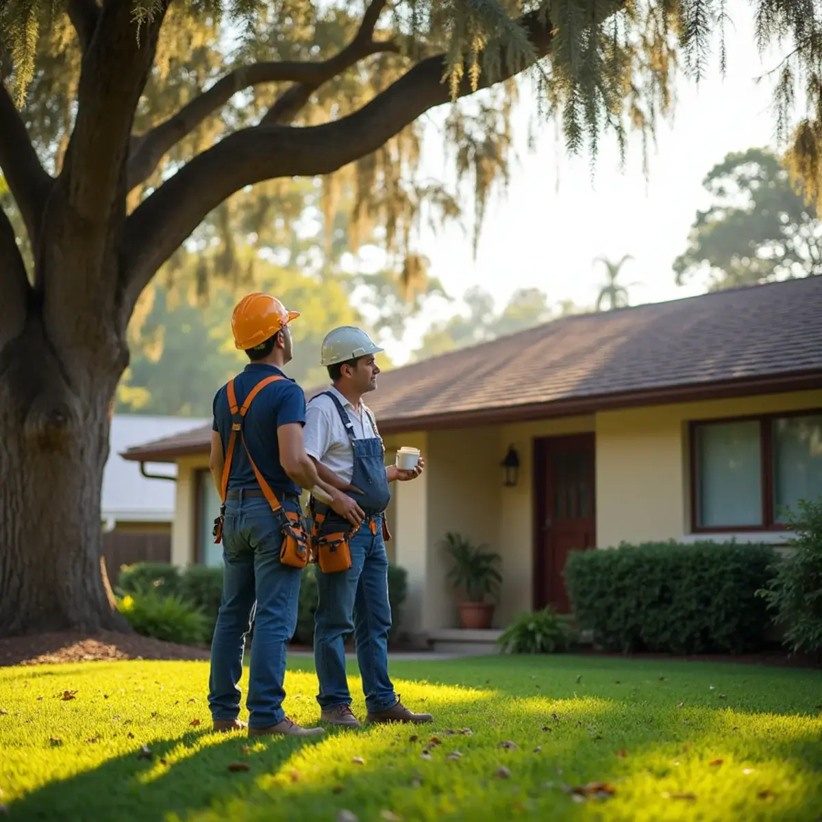 Roofer and homeowner looking over a shingle roof from the front yard of a Winter Park, FL home