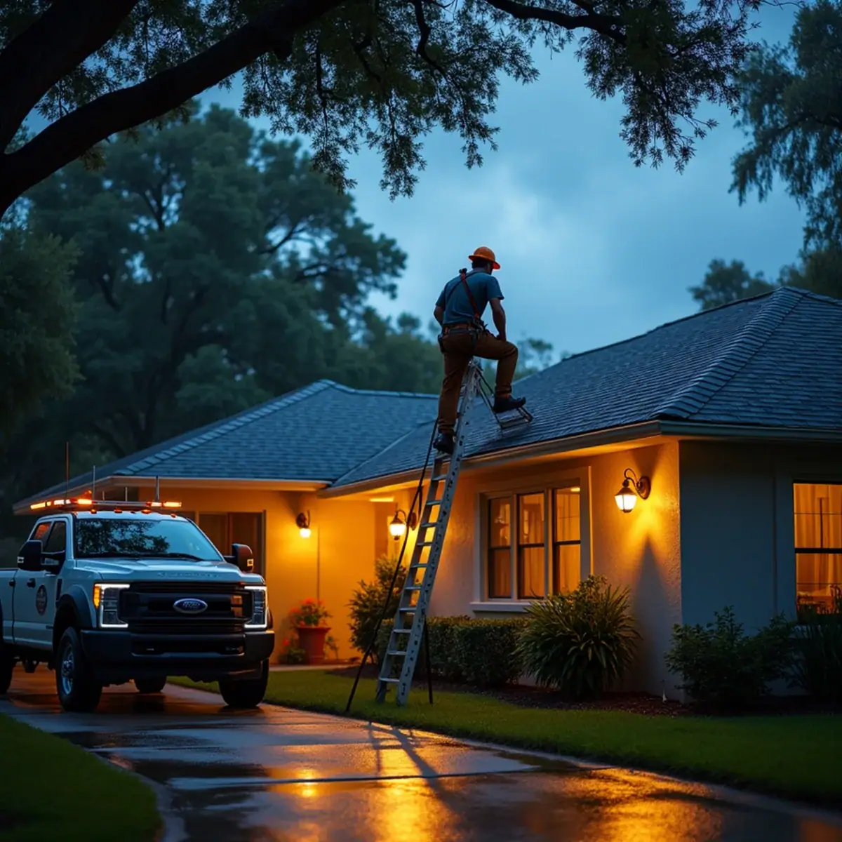 Roofer climbing a ladder to inspect a shingle roof at dusk in Winter Park, FL
