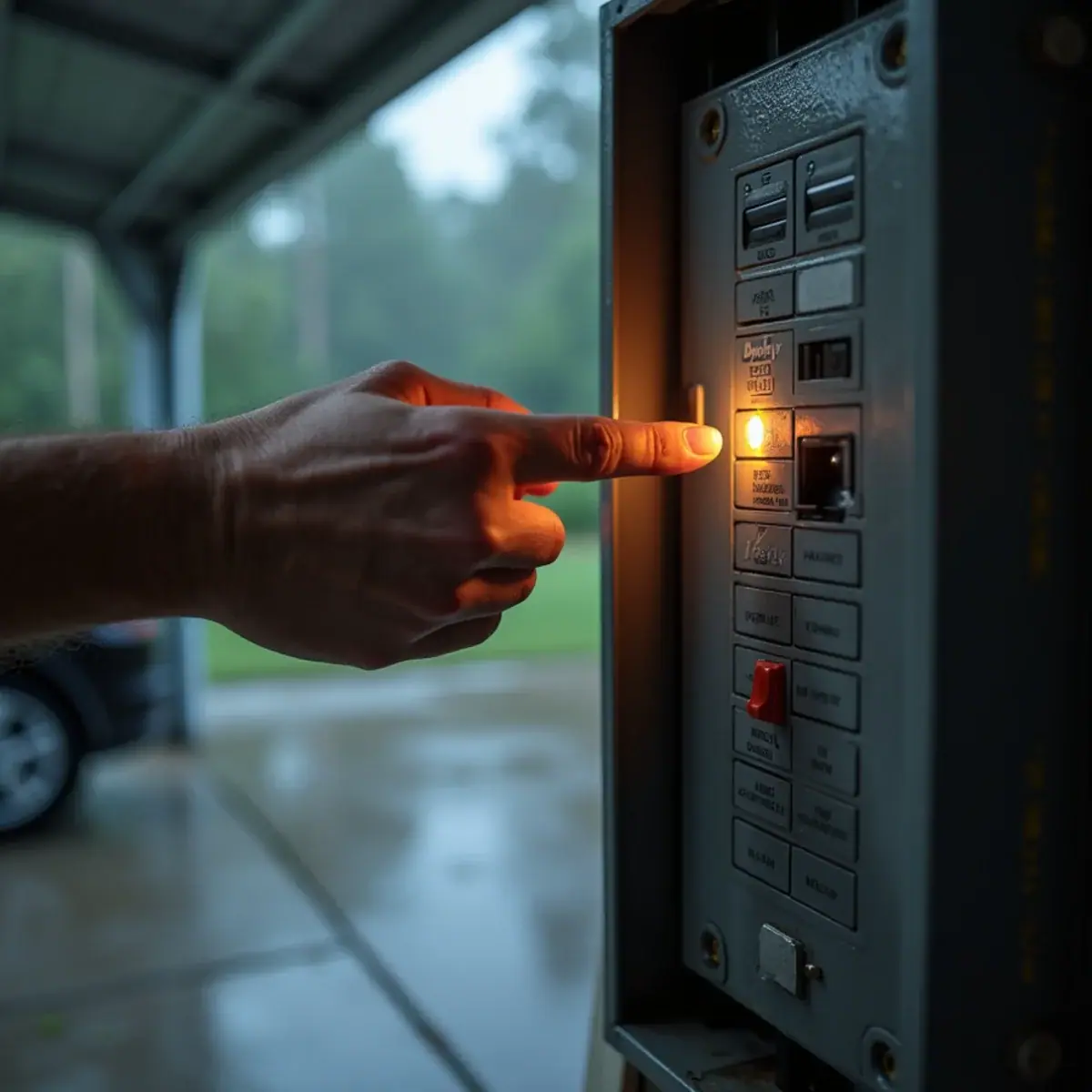 Homeowner switching off a circuit breaker during an emergency roof leak in a Winter Park, FL home