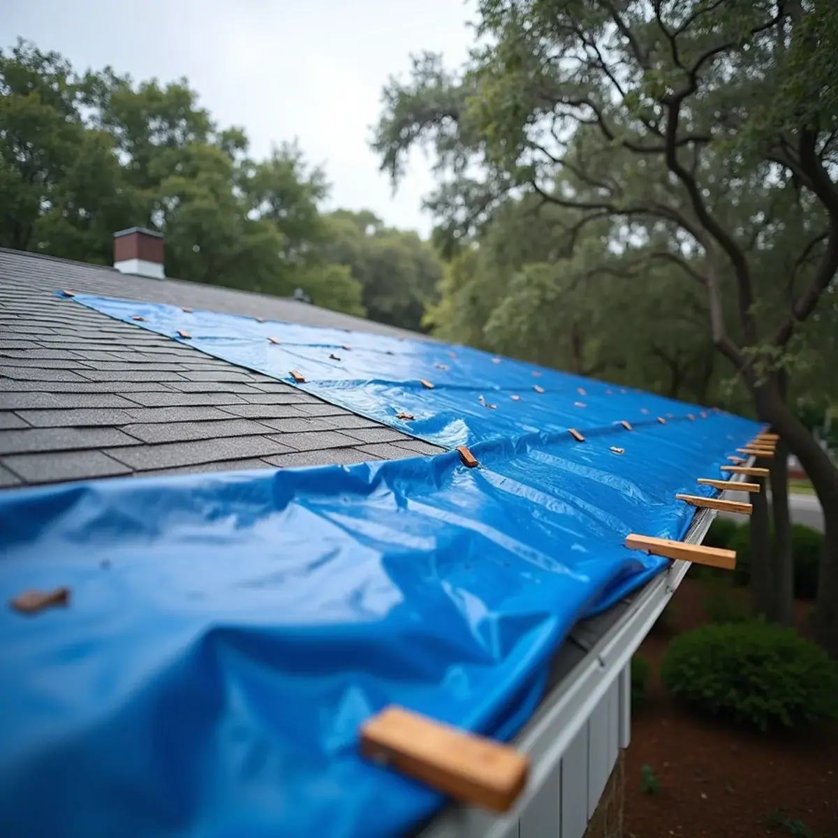 Emergency roof tarp run over the ridge and held with wood battens on a Winter Park, FL house