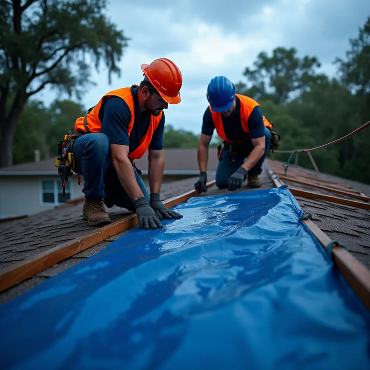 Roofers fastening an emergency tarp over a damaged roof on a Winter Park, FL home