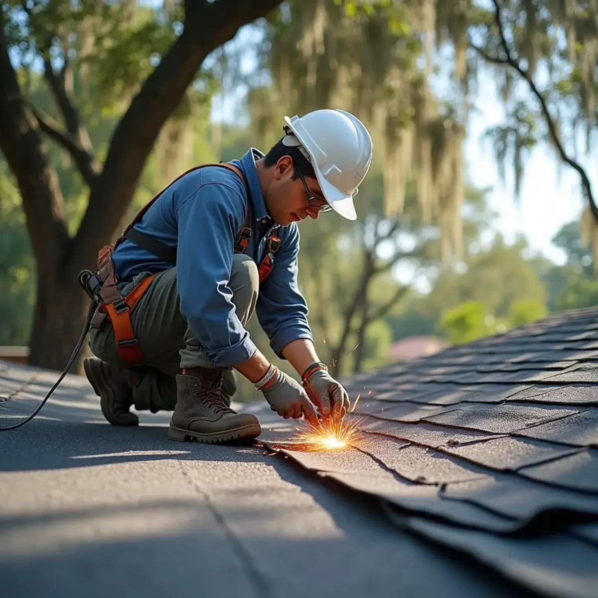 Roofer heat-welding a seam on a low-slope roof over a Florida room on a mid-century home in Winter Park, FL