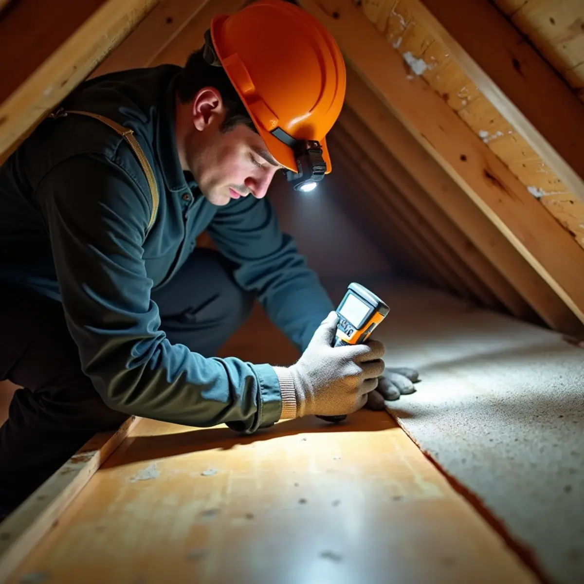 Roof inspector checking attic decking with a moisture meter during a roof inspection in Winter Park