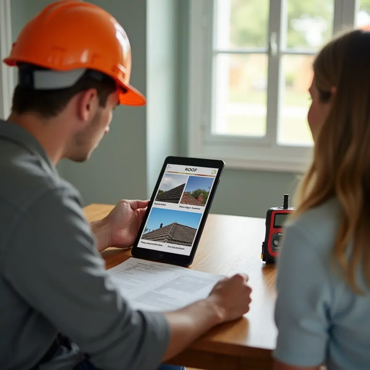 Roofer reviewing roof inspection photos and written findings with a homeowner in Winter Park, FL