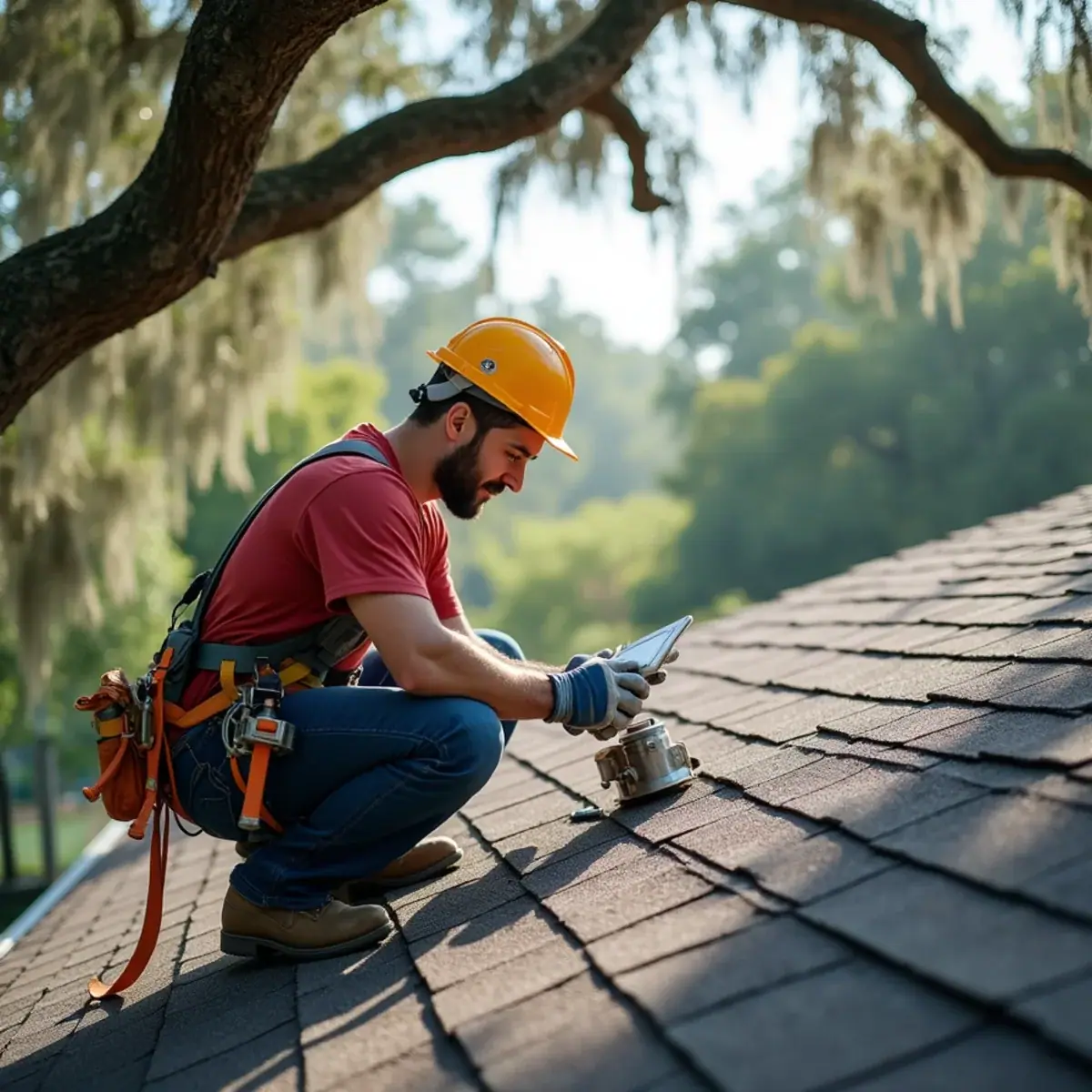 Roofer inspecting asphalt shingles and flashing on a ranch home under oak trees in Winter Park, FL