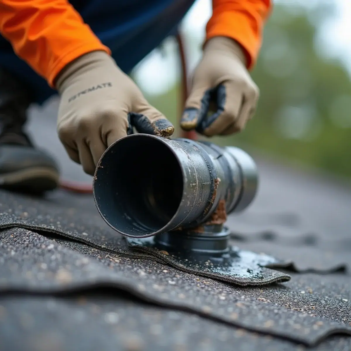 Roofer checking a plumbing vent pipe and its flashing boot on a shingle roof in Winter Park, FL