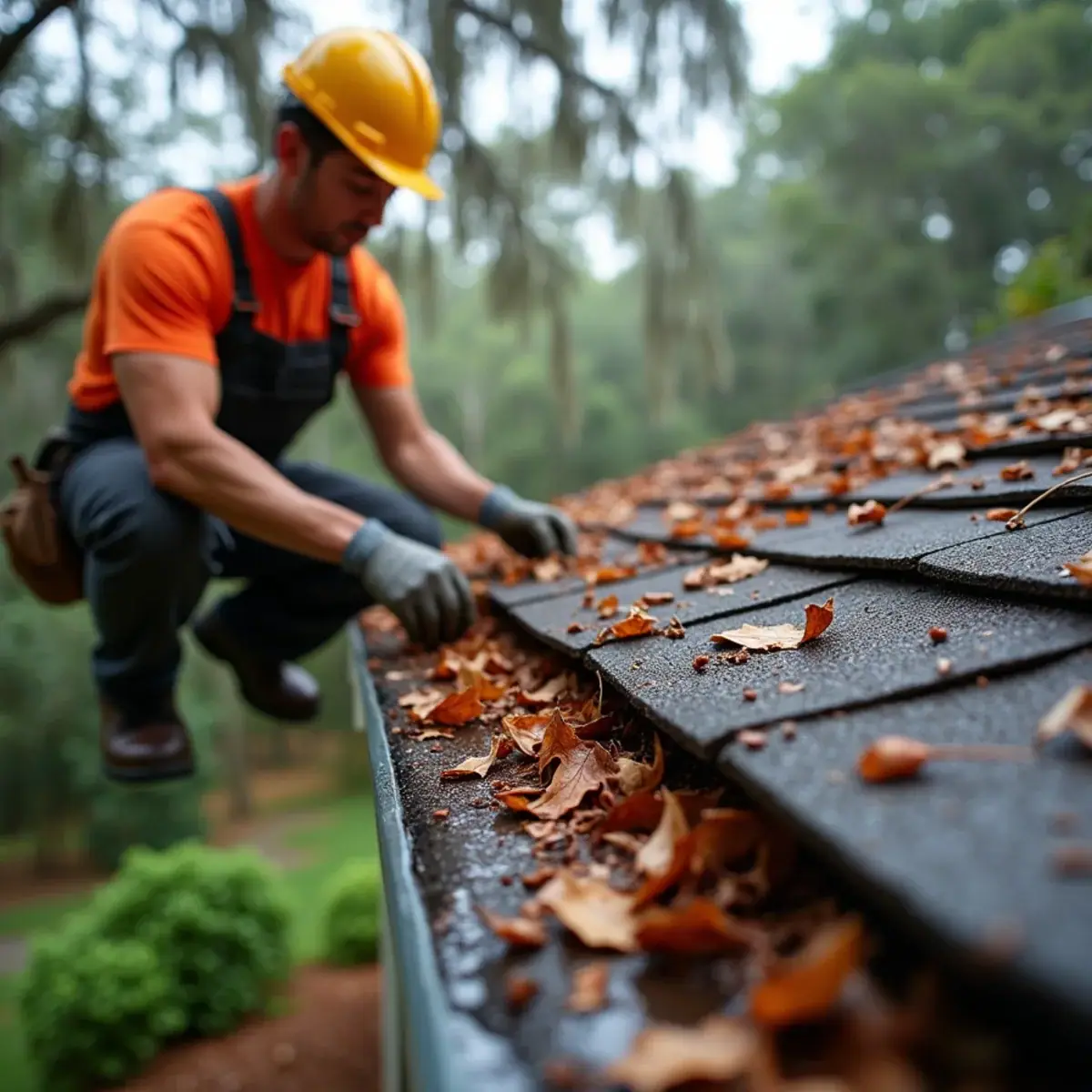 Roofer clearing packed oak leaves from a gutter and shingle edge in Winter Park, FL