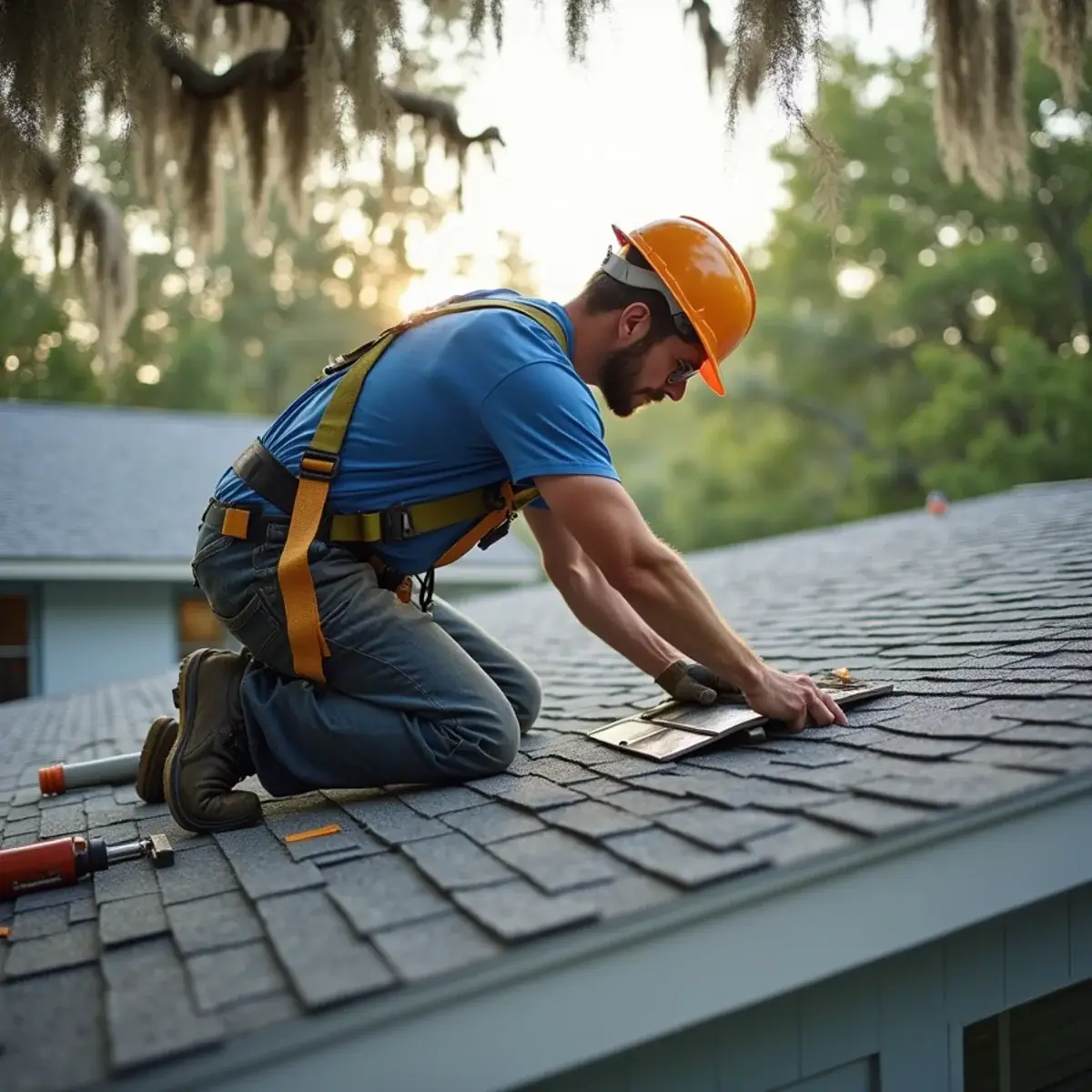 Roofer repairing step flashing where a shingle roof meets a wall to stop a roof leak in Winter Park, FL