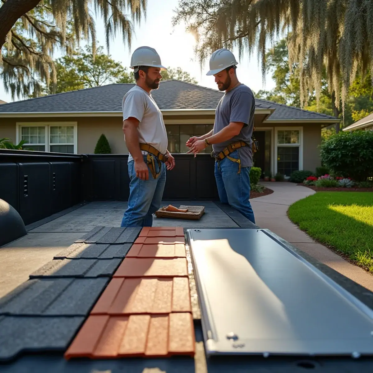 Architectural shingle, concrete tile and standing-seam metal roofing samples compared at a Winter Park, FL home