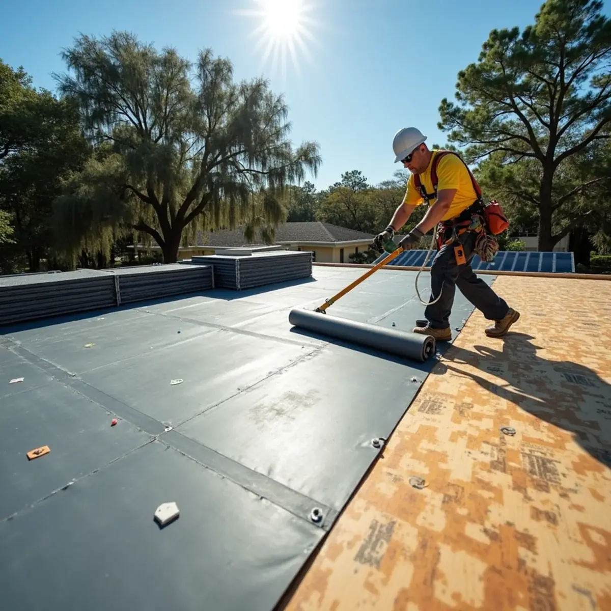 Roofer rolling out underlayment over the roof deck during a reroof in Winter Park, FL