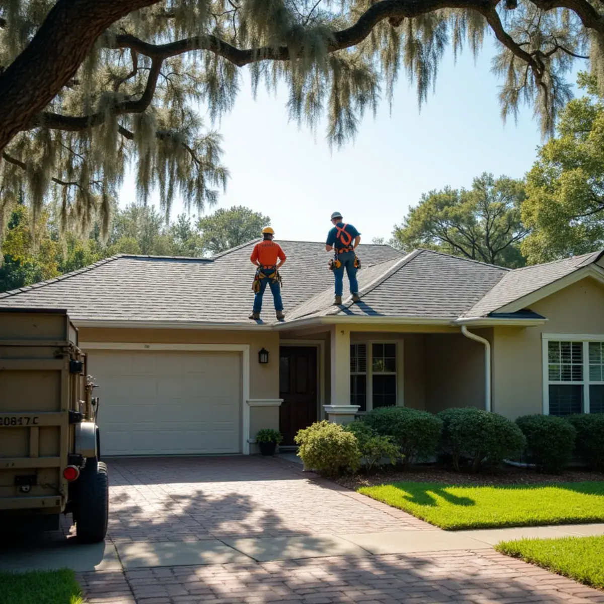 Roofers on a reroof job on a single-story home under live oaks in Winter Park, FL