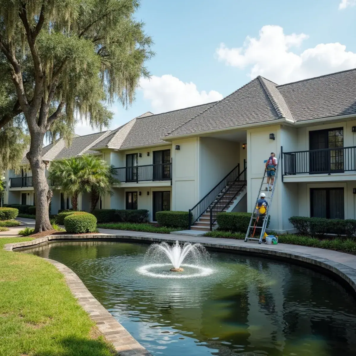 1980s garden-style condo buildings with pitched shingle roofs around a pond in Altamonte Springs, FL