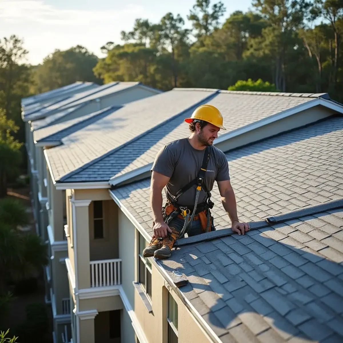 Roofer checking flashing where two townhome roofs meet in Altamonte Springs, FL