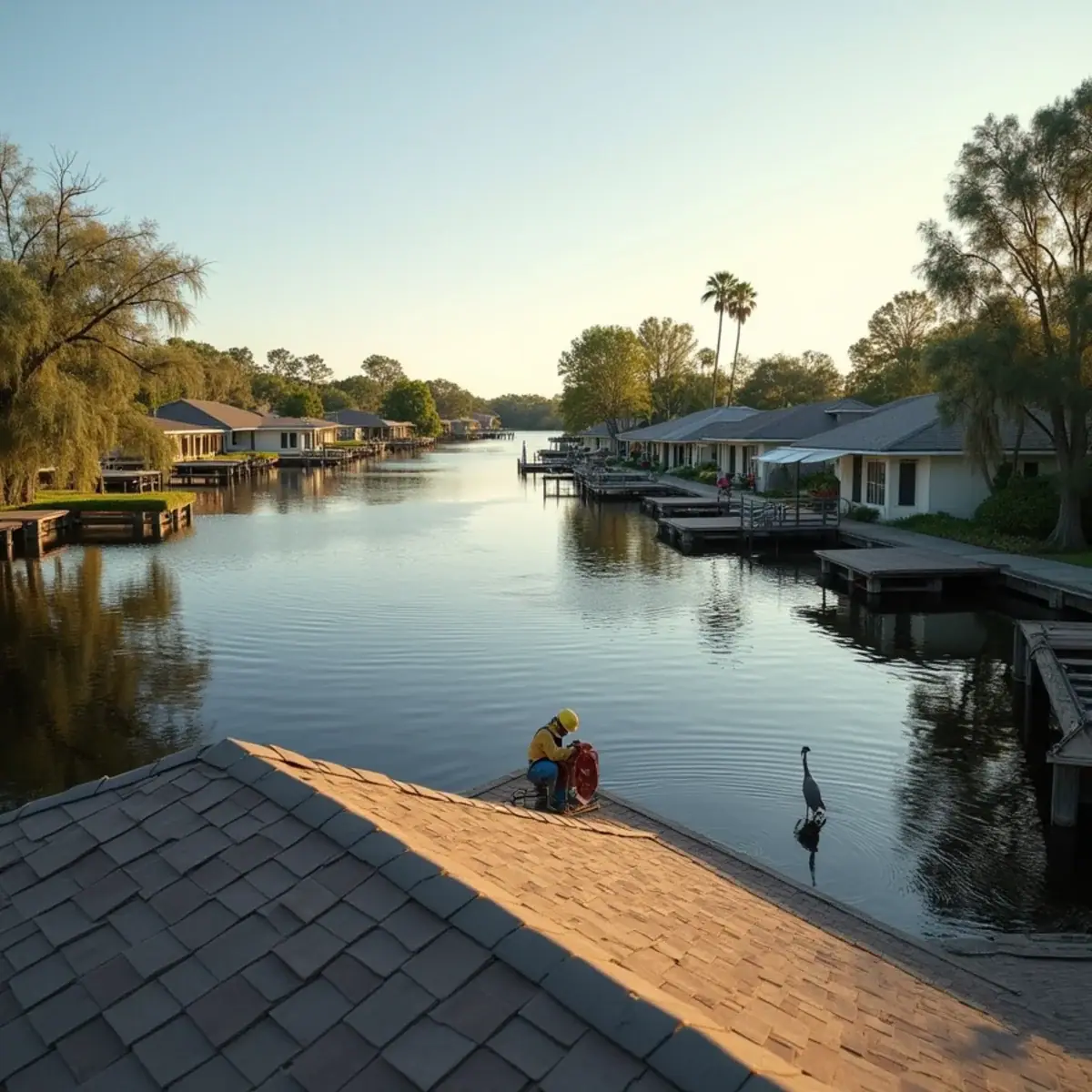 Lakeside ranch homes with low-pitch shingle roofs on a lake in Casselberry, FL