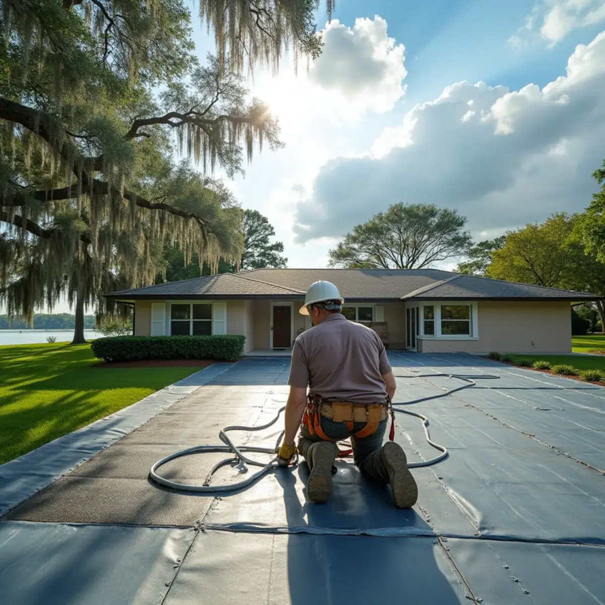 Roofer repairing a low-slope flat roof on a ranch home near a lake in Casselberry, FL