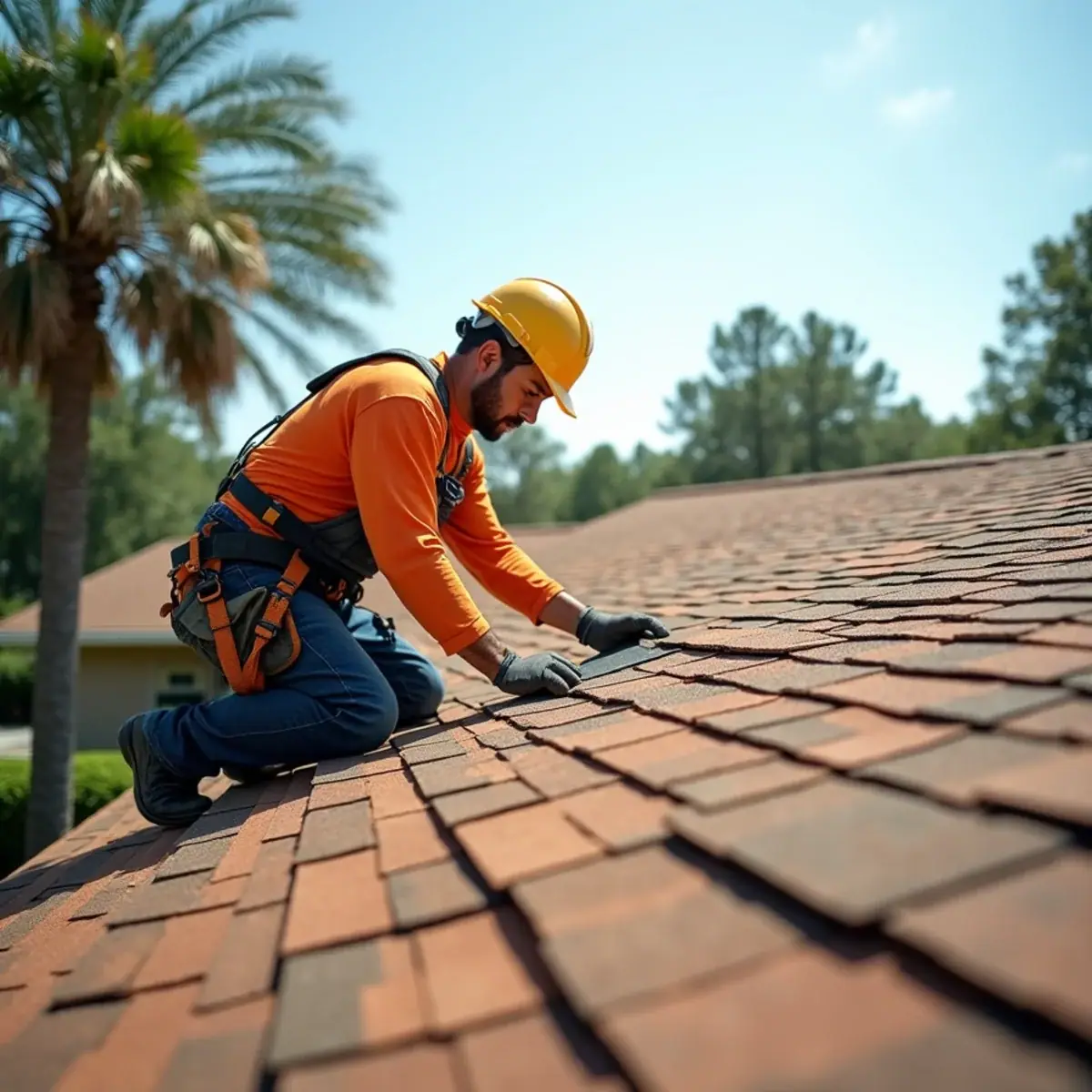Licensed roofer working on a weathered shingle roof in Goldenrod, FL