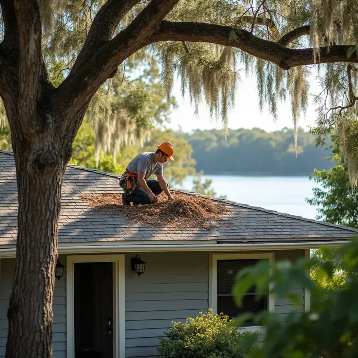 Roofer clearing oak leaves and debris from a shingle roof on a lakefront home in Maitland, FL