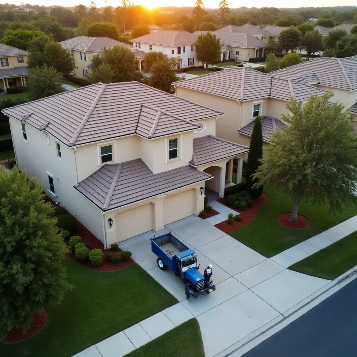 Two-story 2000s subdivision homes with concrete tile roofs in Oviedo, FL