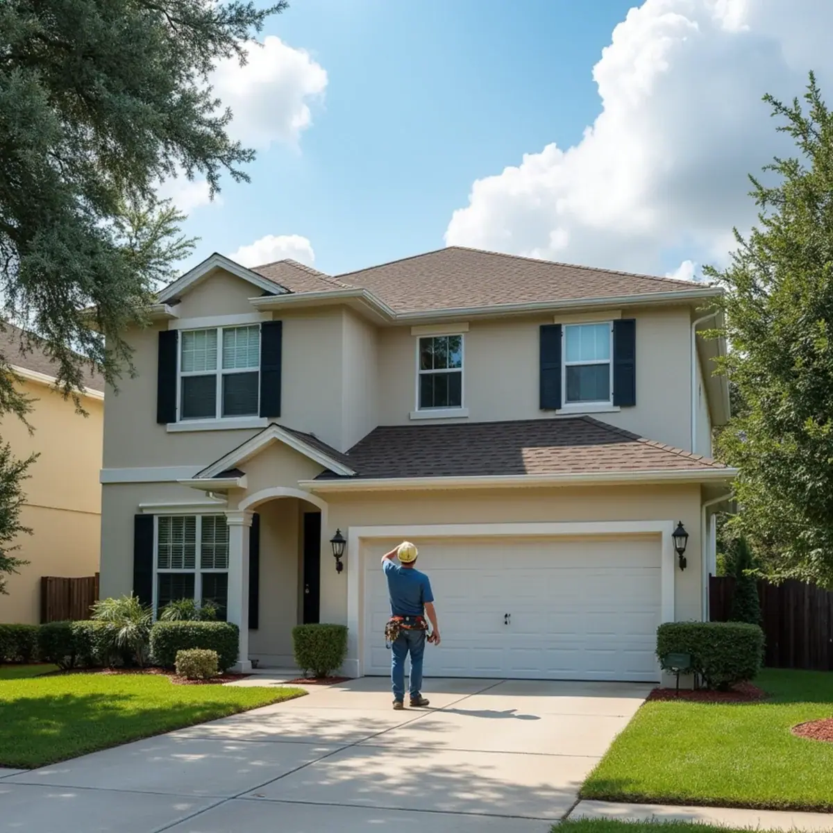 Roofer looking over the hip shingle roof of a two-story 2000s home in Oviedo, FL