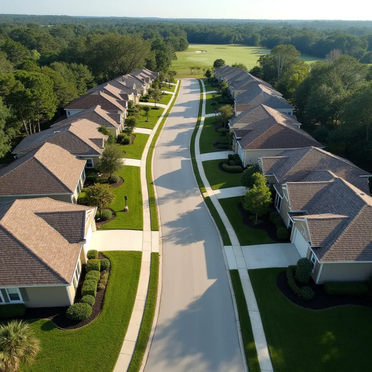 Aerial view of 1980s homes with shingle roofs along a street by a golf course in the Tuscawilla area of Winter Springs, FL
