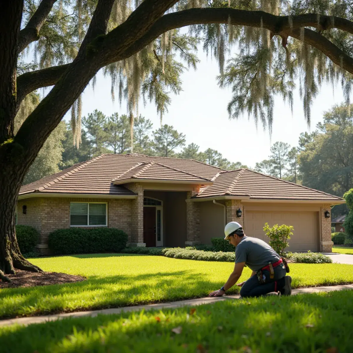Roofer checking the front of a brick and stucco home in the Tuscawilla area of Winter Springs, FL