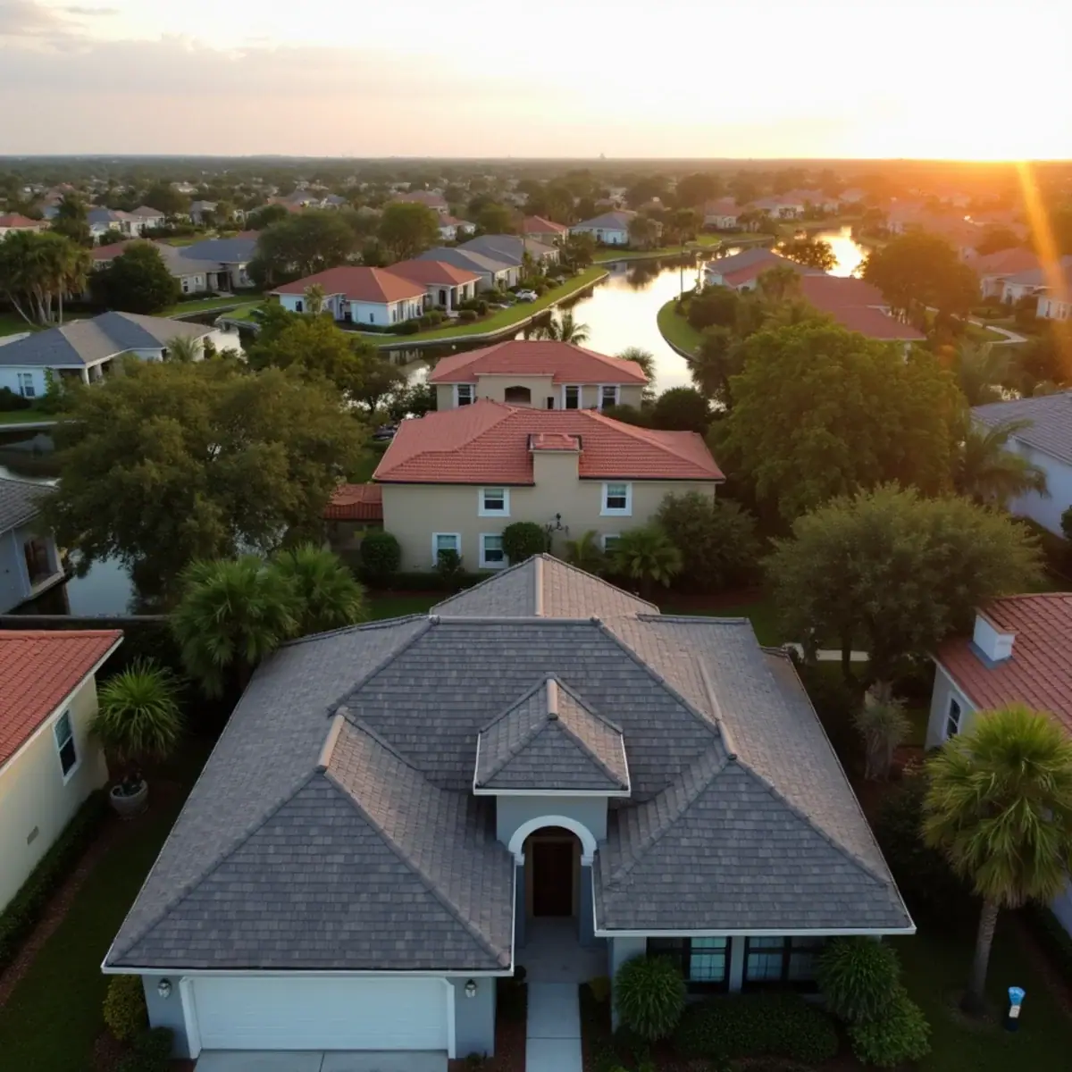 Aerial view of tile and shingle roofs among lakes and oak trees north of Winter Park, FL