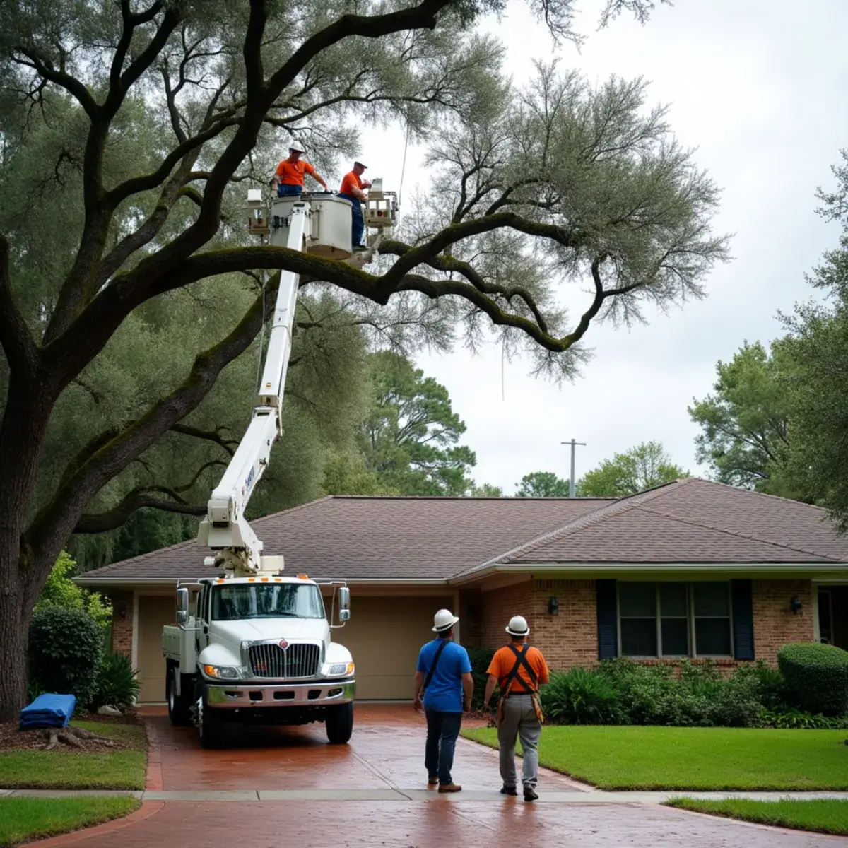 Tree crew lifting a fallen oak limb off a shingle roof while a roofer waits to assess the damage in Winter Park, FL