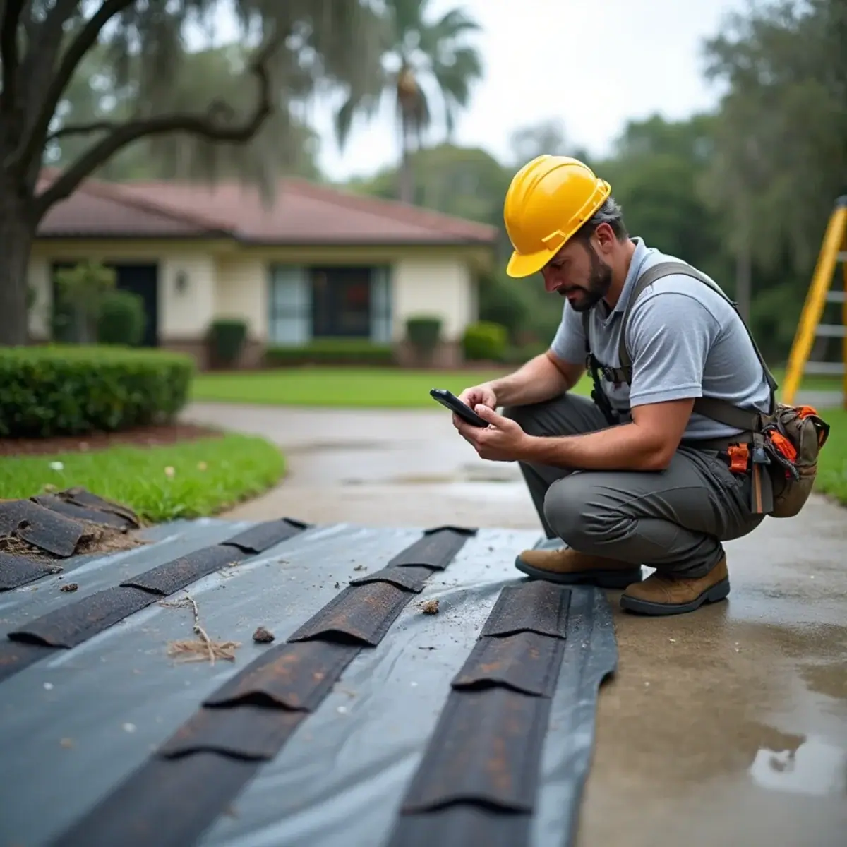 Roofer photographing torn shingles saved on a driveway after a storm in Winter Park, FL