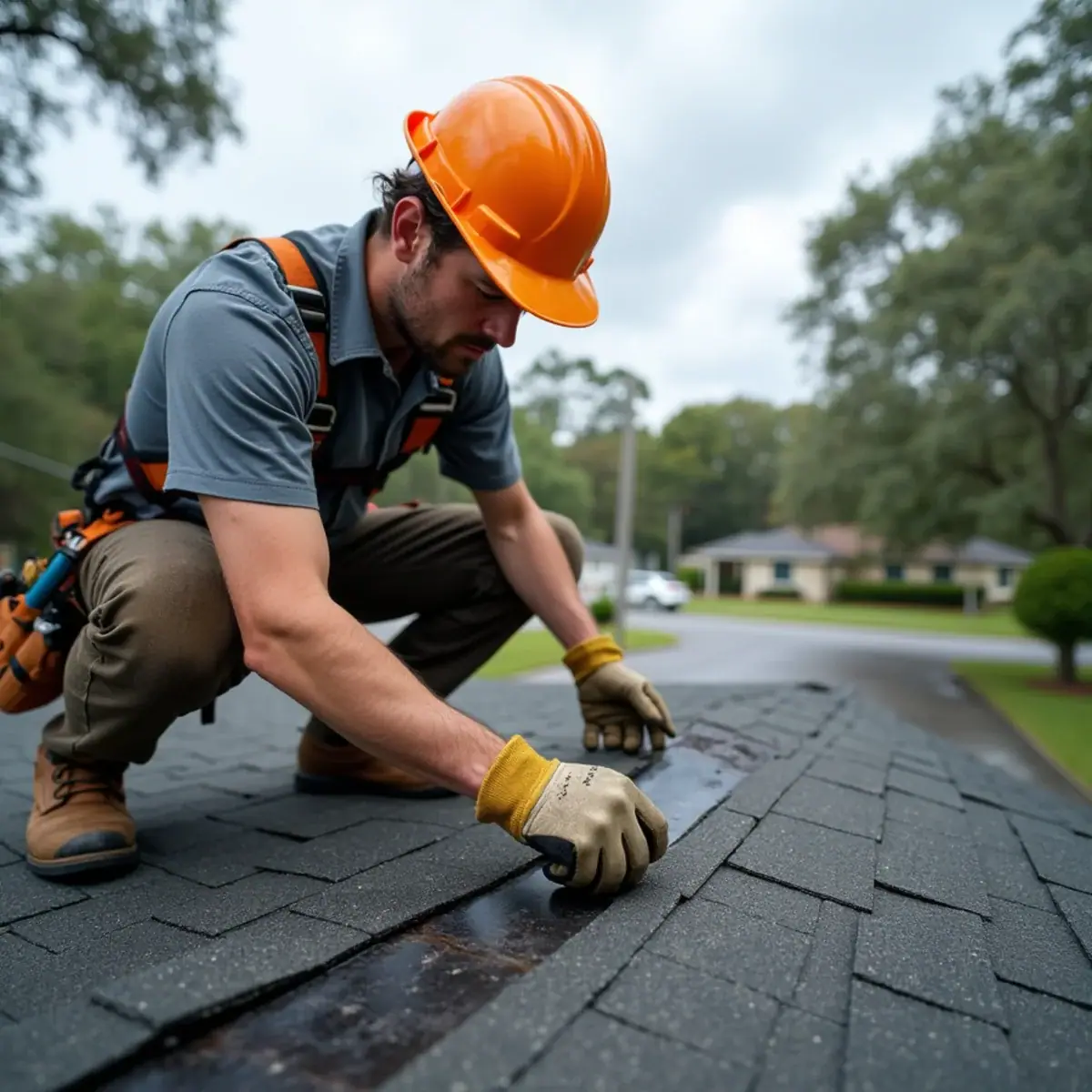 Roofer inspecting wind-lifted shingles under live oak branches on a Winter Park, FL home after a storm