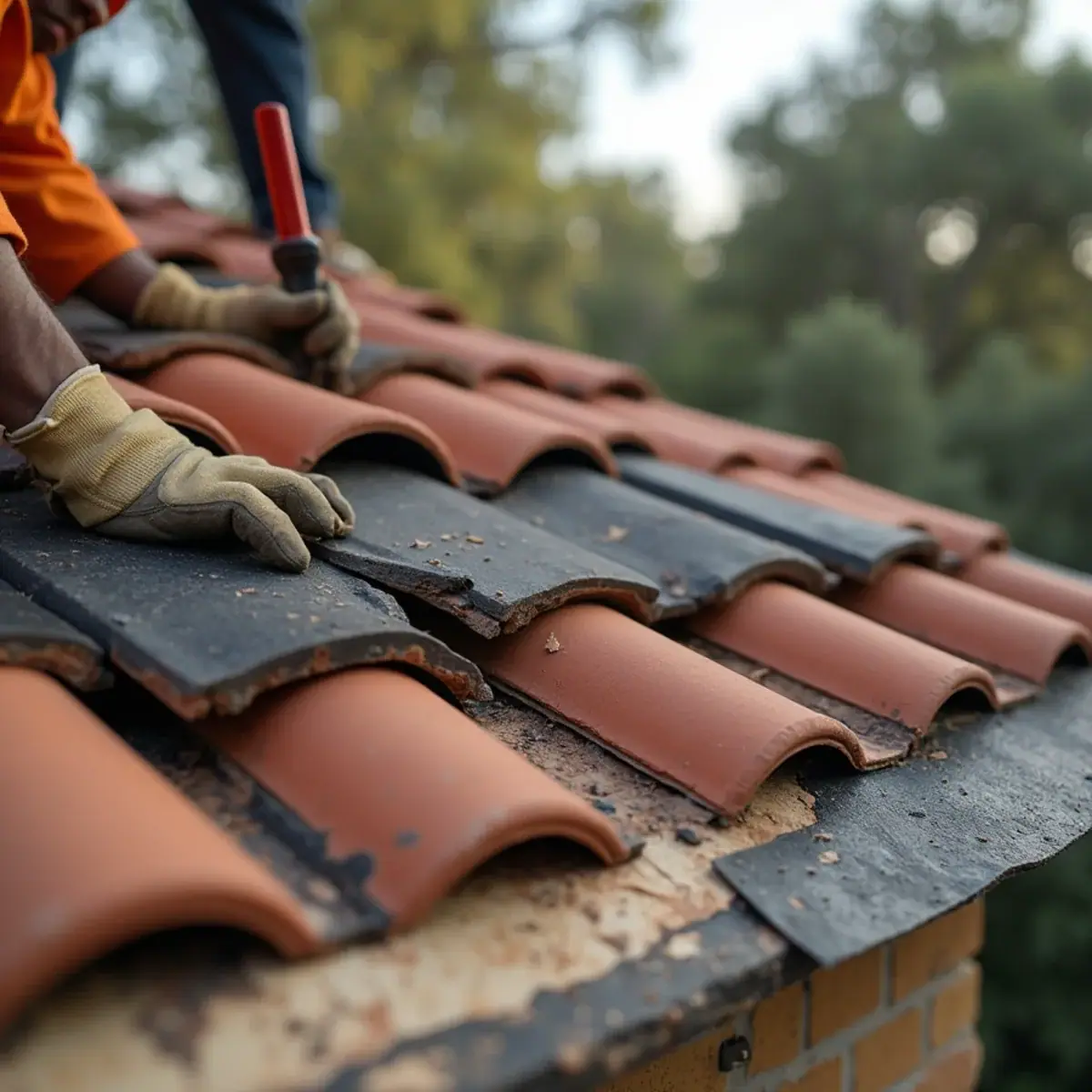Roofer lifting clay barrel tiles to replace worn underlayment during a lift-and-relay repair in Winter Park, FL