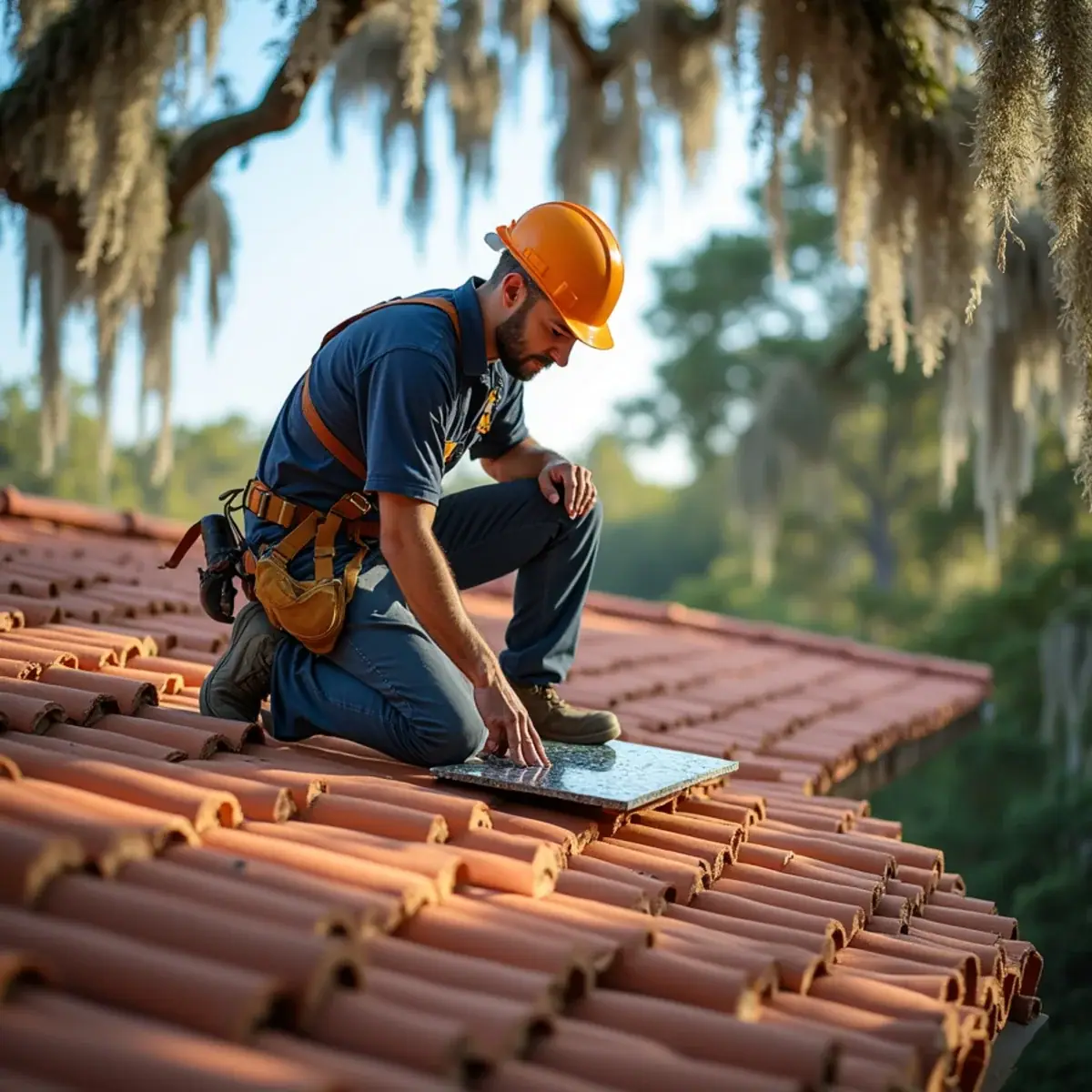 Roofer repairing a clay barrel tile roof under live oaks in Winter Park, FL